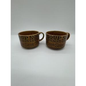 Vintage Retro Brown Pottery Soup Mugs with Words in Black - Soup, Crackers 70s